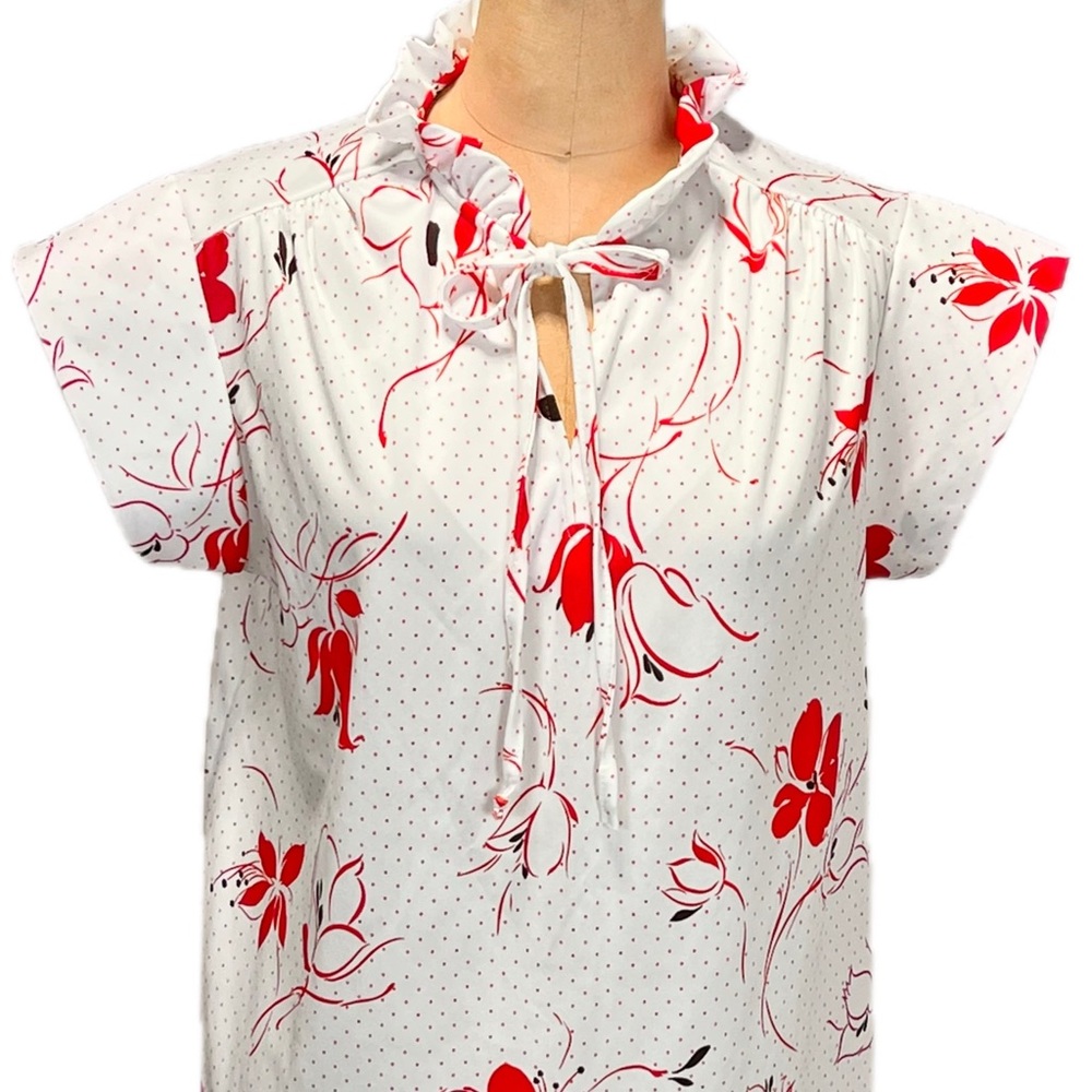 VINTAGE 70s floral ruffle bow tie neck short cap sleeve blouse red flowers dots